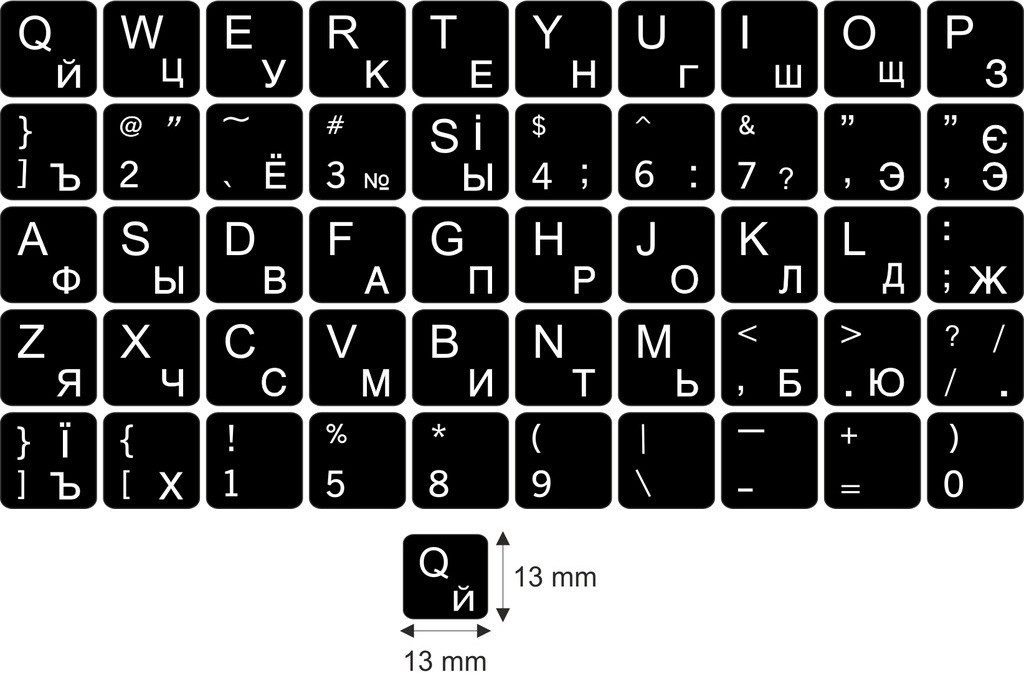 N4 Key stickers - Russian - large kit - black background - 13:13mm